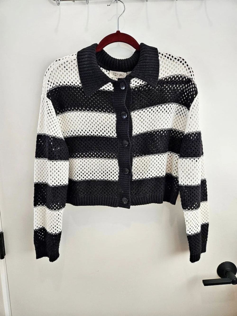 RD style Striped Cropped Cardigan in Black & White Size Small